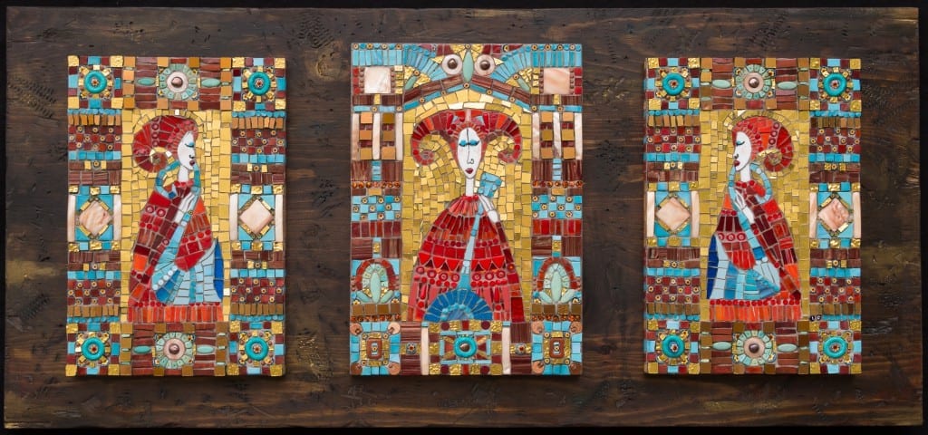 Irina Charny Byzantine Trio 2014 H 16.00” W 35.00” D 1.00” Glass, gold, porcelain, beads, millefiori on wood panel