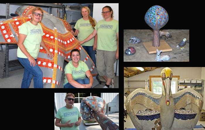 Clockwise from upper left: Surrounding a partially completed starfish going to a children's hospital (from left) are: Sherri Warner Hunter, Heather Dupre, Janet Cataldo, and Tiffany Cataldo. Model representation of the Memphis project. Friendly pelican with seats for children. Hunter discussing the mosaic “tree” headed to Memphis. Photos by Jason Reynolds.