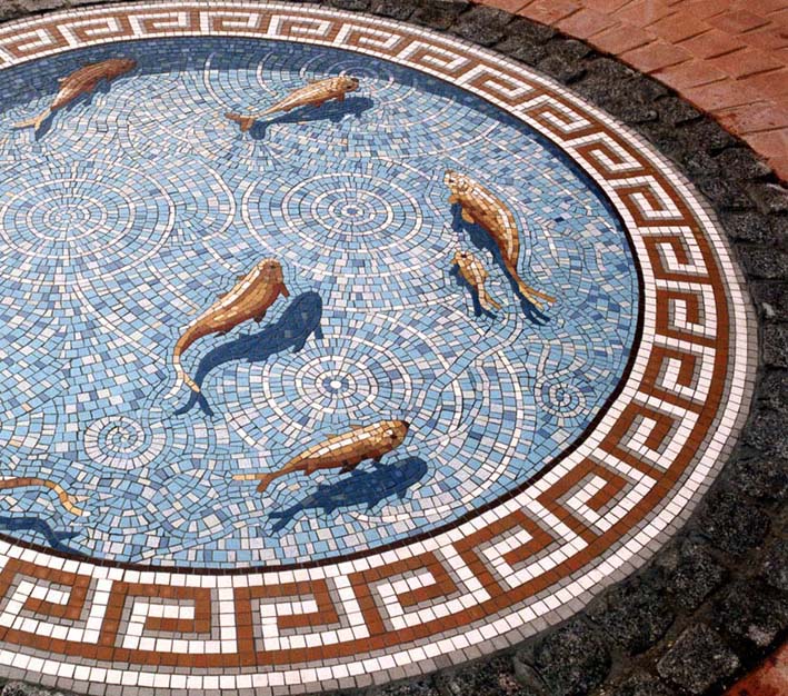 Award winning fishpond mosaic by Gary Drostle