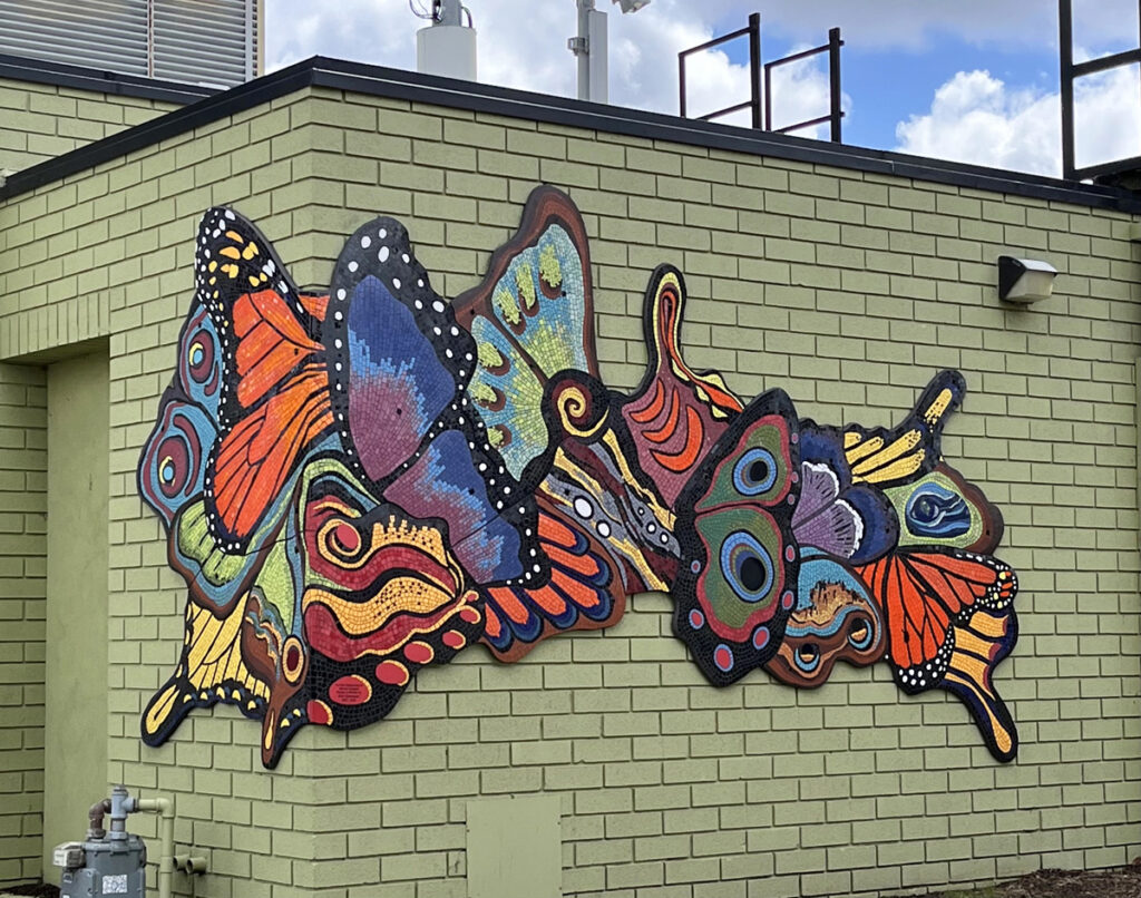 Kim Emerson, "Kaleidoscope of Butterflies", 2024. Tesserae made up of high-fired ceramic tile on cement backerboard. Installed Adams Recreation Center, City of San Diego Parks & Recreation in Normal Heights, 3491 Adams Avenue, San Diego, CA 92116. 2024 MAI Best Community Project