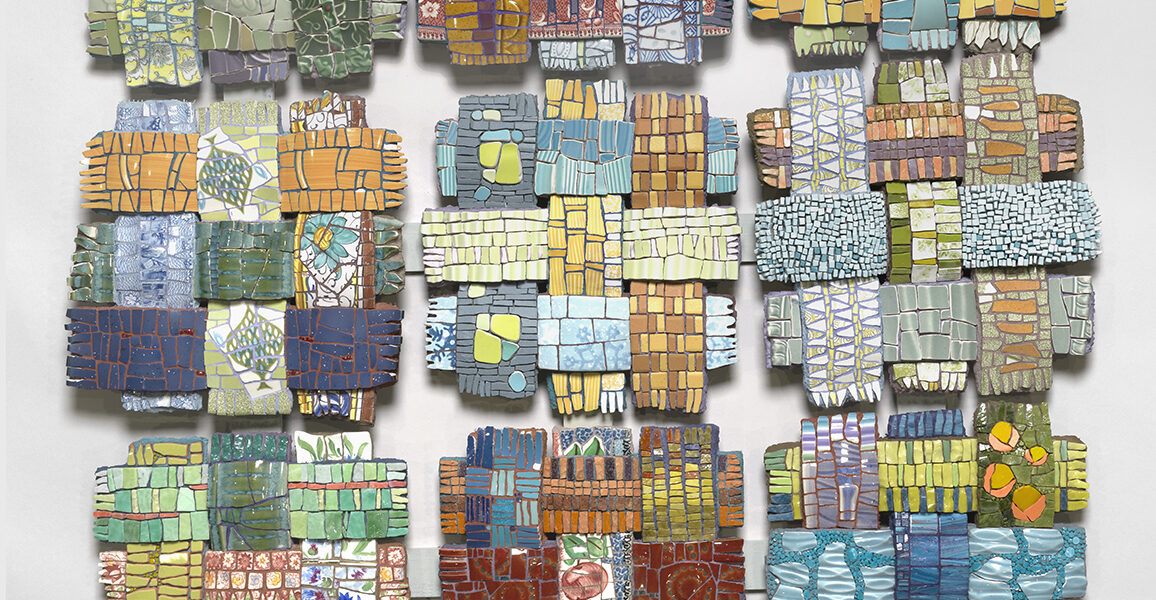 Laurie Frazer, "We Are Woven", 2023, ceramic, glass & stone on handmade dimensional substrates with tinted adhesive. MAI 2024 Best in Show