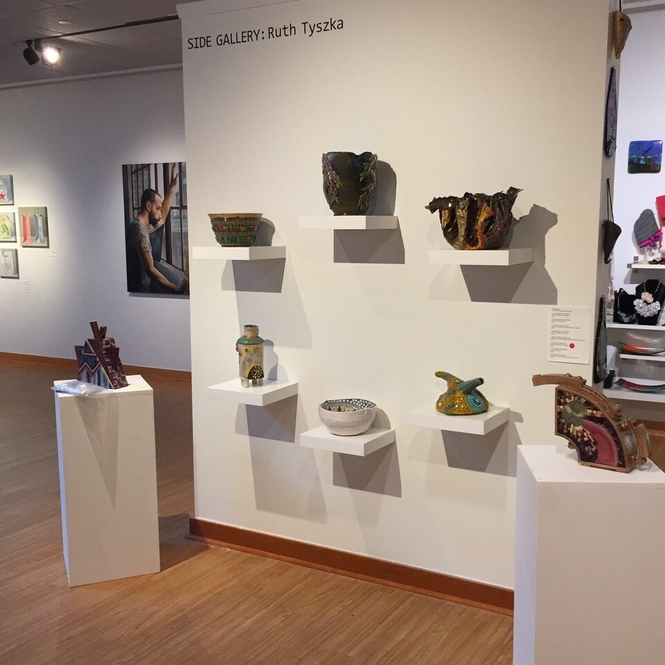 “Jam Session,” Janice Charach Gallery 2017, featuring collaborative vessels between Ruth Tyszka’s mosaic work and eight individual ceramic artist’s vessels.