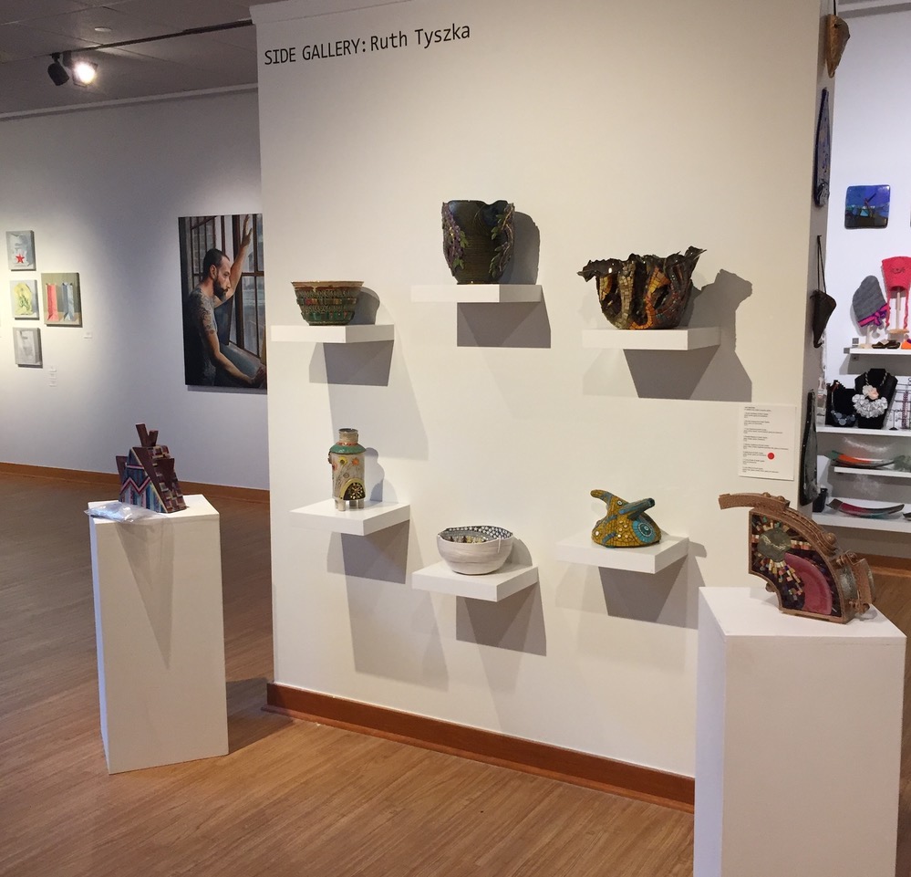 “Jam Session,” Janice Charach Gallery 2017, featuring collaborative vessels between Ruth Tyszka’s mosaic work and eight individual ceramic artist’s vessels.