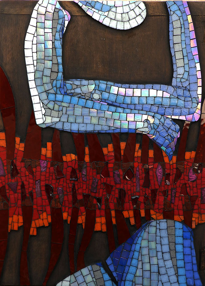 Adriana Mufarrege, \"Irruption\" (2020). Glass tiles and coloured glass on wood.