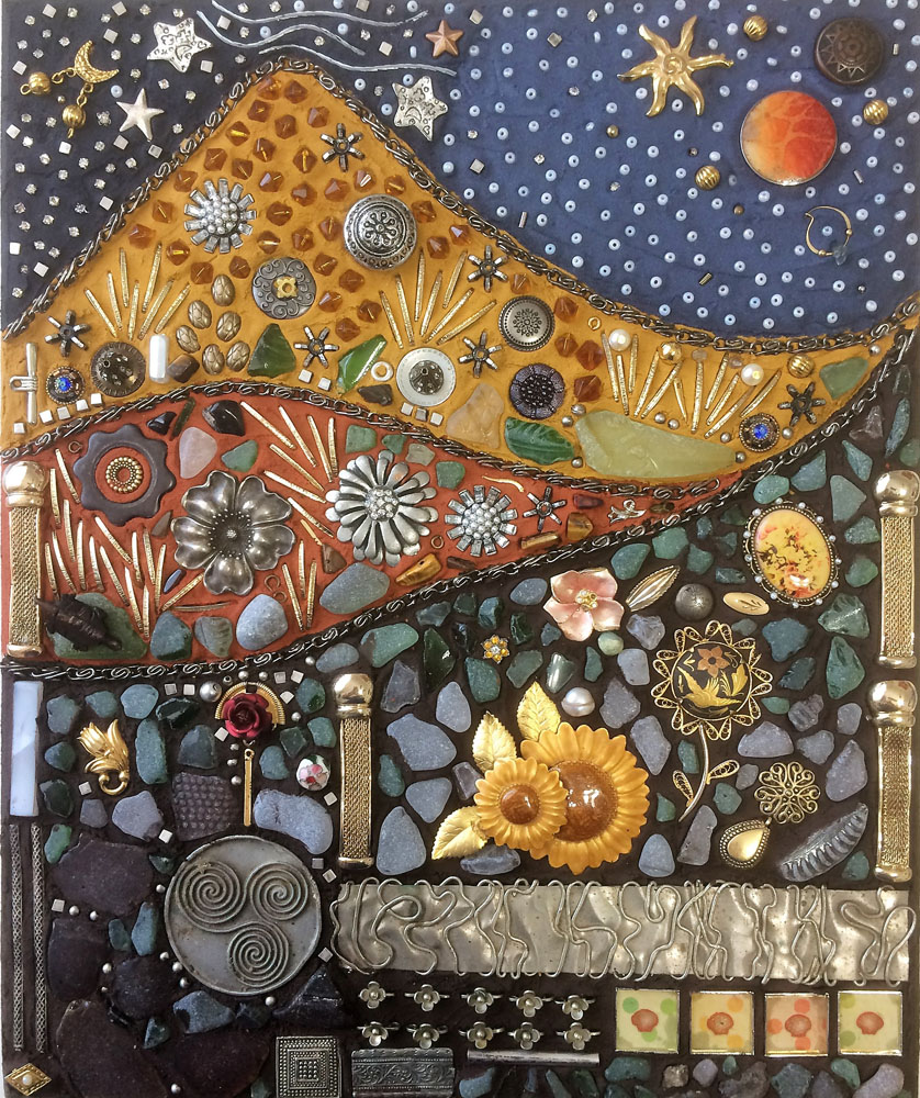 Andrea Edmundson, Garden Nirvana, 2017, mosaic created using tapestry method with reclaimed and recycled bling.