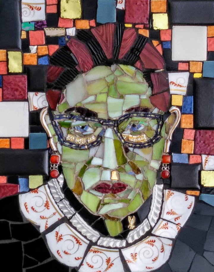 Betsy Rodman, \"RBG\", 2019 - stained glass, smalti, china, Briare, jewelry